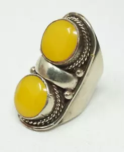 Anello Vintage Agata Gialla Doppia Lunetta Pietra Argento Sterling Misura 8 - Foto 1 di 11