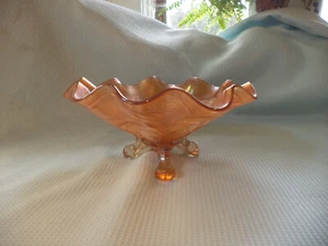 Vintage Dugan Cherries Peach Marigold Carnival Glass Three Footed Bowl - Picture 1 of 6