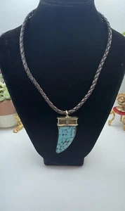 Brass and Turquoise Mosaic Horn Leather Necklace Boho Hippie Ethnic 20” - Picture 1 of 8