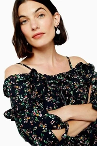 Topshop Maternity Black Floral Print 3/4 Sleeve Ruffle Bardot Cotton Top Size 10 - Picture 1 of 3