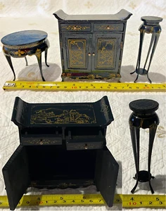 Miniature VINTAGE Wood Dolls House Furniture x3 Oriental Table Buffet Pedestal - Picture 1 of 12