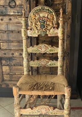 Antique 17th Cent. Spanish Colonial Wooden Chair W Regalia Crest Two Royal Lions - Image 1 of 4