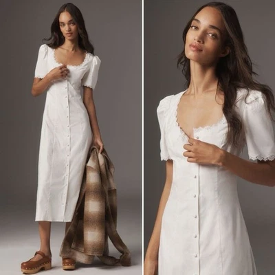 Vestido midi Anthropologie de algodón con ribete de encaje blanco Reformation Alida 12 Foto 1 de 4