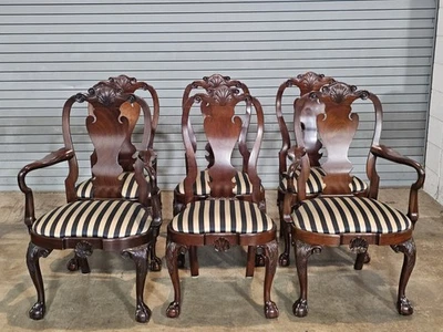 Set Of 6 KINDEL Winterthur Collection Mahogany Clawfoot Dinning Arm Chairs Silk - Image 1 of 4