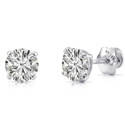 14K Solid White Gold Solitaire Round CZ Stud Earrings Heavy Screw-back 3mm-7mm - Image 1 of 4