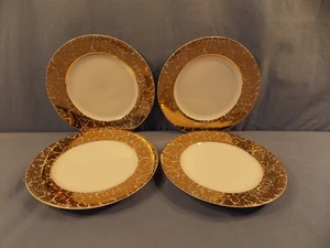 Crate & Barrel 4 Salad Plates 7 1/2" Gold Sponge Rim, White Center - Picture 1 of 4