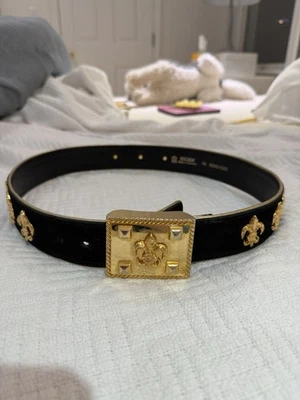 RARE ESCADA 80’s 90’s BLACK SUEDE BELT GOLD FLEUR DE LIS EMBLEM SZ 40 - Image 1 of 4