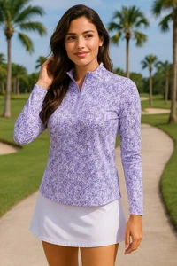 IBKUL Damen Lavendel Abstraktes Muster Größe M UPF 50 Stehkragen Reißverschluss Golf Top - Bild 1 von 9