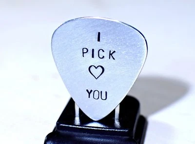 Guitar Pick in Aluminum Handstamped with I Pick You and Heart - Image 1 of 4