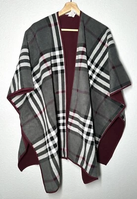Poncho Woolrich feminino cinza xadrez marrom reversível cobertor de lã envoltório - Imagem 1 de 4