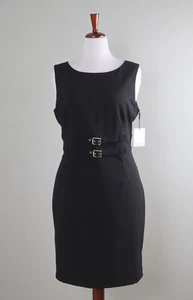 CALVIN KLEIN NWT $119 Solid Black Double Buckle Waist Sheath Dress Size 14 - Picture 1 of 6
