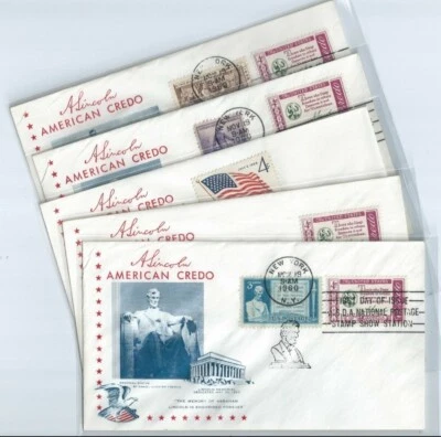 (5) US FDC 1143 1143 Lincoln Credo 1960 NY UNKNOWN 5 diff. Lincoln Combinations - Image 1 of 3