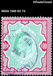 INDIA 1909 SC 74 KING EDWARD VII CARMINE ROSE & GREEN 10r USED F/VF - Picture 1 of 2