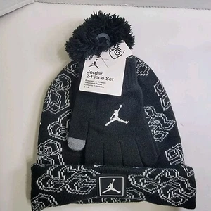 Jordan Jumpman Black (white) Youth Knit Beanie Hat One Size 2 PC Set -Gloves NEW - Picture 1 of 5