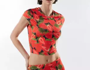 Silence + Noise Ayla Strawberry Cropped Top Size Small Red Blouse Stretch NEW - Picture 1 of 8