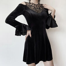 Womens Gothic Velvet Mixed Lace Collar Ruffles Bell Sleeves Dress Slim Skirt