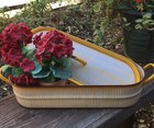 Vintage Farmhouse Enamelware -French Fish Steamer Yellow Striped Steam Rack  Lid
