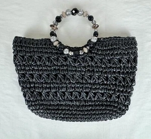 KELLY & KATIE Handbag Black Corn Husk Straw Beaded Lined Satchel Purse Resort - Picture 1 of 11