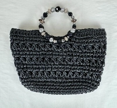 Bolso de Mano KELLY & KATIE Negro Cáscara de Maíz Paja Forrado con Cuentas Cartera Resort Foto 1 de 4