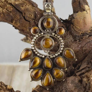 Large Tiger Eye Solid .925 Sterling Silver Rope Design Teardrop Shaped Pendant - Picture 1 of 7