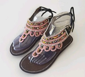 Leather Beaded Sandals New Made In Africa EU 39 - Picture 1 of 10