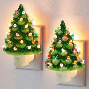 2 Pack Christmas Ceramic Tree Night Lights, Decorative Xmas Tree Nightlight with - Picture 1 of 12