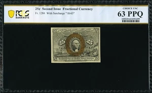 FR 1284 - 25c SECOND ISSUE - SURCHARGE "18-63" - PCGS BN 63 PPQ CU - CIVIL WAR - Picture 1 of 4