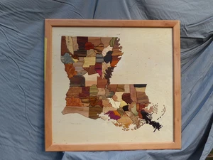 mappa in legno intarsiato,Louisiana,arte,casa,ufficio,legno duro,legno esotico,intaglio,legno wo - Foto 1 di 3