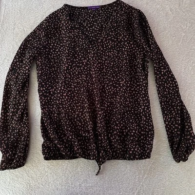 West Kei Tie Front Blouse Womens Medium Black Coral Elastic Waste Sleeve - Image 1 of 4