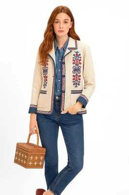 Max Studio London Embroidered Boho Jacket S Cream Red Blue Striped Blazer - Image 1 of 4