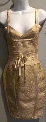 Authentic Herve Leger Gold Bandage Midi Dress with Tie Waist size Xs - Image 1 of 4