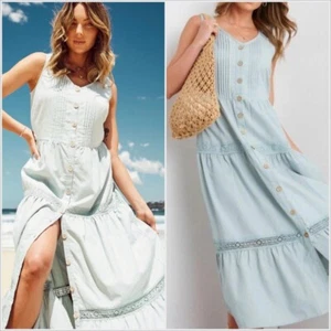 Rockmans Linen Dress Size 12 Tier Esther Maxi Relax Fit Sleeveless Embellished - Picture 1 of 12