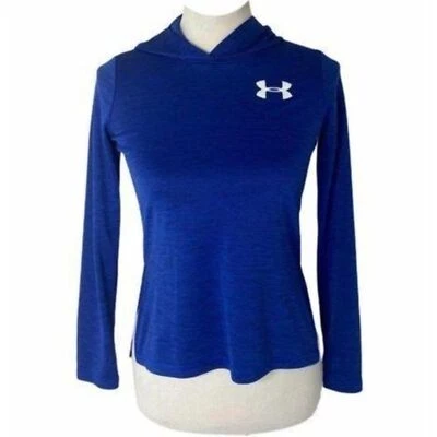 Girl’s Medium Under Armour Shirt Blue Big Logo Long Sleeve Hooded Athletic - Image 1 of 4