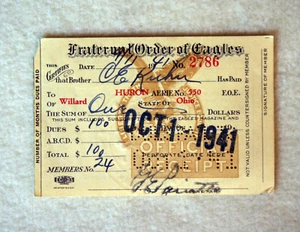 vintage WWII ERA 1941 FRATERNAL ORDER OF EAGLES Membership Card HURON Ohio - Picture 1 of 2