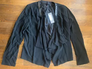 NWT EILEEN FISHER Black Silk Leather Trim Georgette Crepe Drape Front Jacket - Picture 1 of 9