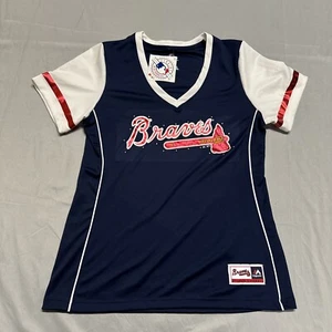 Atlanta Braves Women’s Large Shirt Top V Neck Logo Majestic Blue - Picture 1 of 12