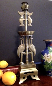 Antique Chinese Brass Candle Holder Altar Candlestick Heavy 20 Inches Tall - Picture 1 of 11