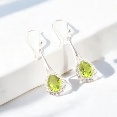 Pendientes colgantes de circonitas cúbicas y piedras preciosas de peridoto joyería de plata de ley 925 Foto 1 de 4