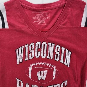 Wisconsin Badgers Football Women's Small Campus Heritage Red V-Neck Shirt - Picture 1 of 7