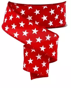 Patriotic White Stars 1.5" by 5 yards Red Wired Ribbon Election Day Veterans - Picture 1 of 3