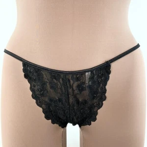 90s Low Rise G String Bikini Sheer Lace Black Floral Panties L Vintage - Picture 1 of 8