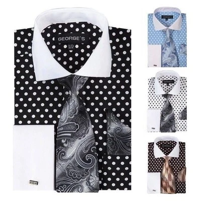 Men's Polka Dot French Cuff Cotton Dress Shirt w/ Tie & Hanky Set #613  - Image 1 of 4