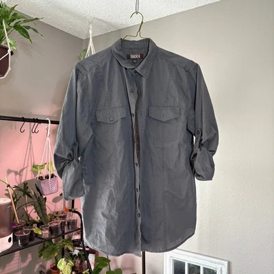 3800 East Gray Button Up Shirt Roll Tab Sleeve Utility Pockets Mens L - Image 1 of 4