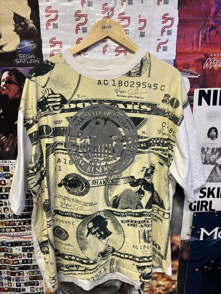 🔥🔥Винтажная футболка Makaveli Tupac Rap хип-хоп долларовая купюра Y2K FTR мужская размер XXL - Изображение 1 из 4
