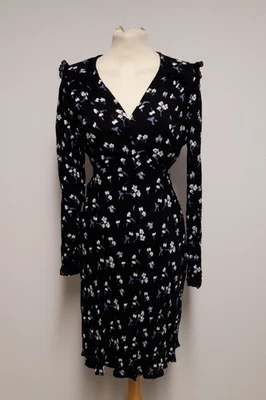 NEW M&S x Ghost- Women's Size 8 Black Long Sleeve V-neck Floral Midi Dress - Image 1 of 4