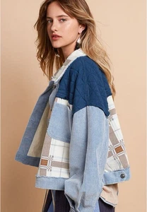 POL Cord Jacquard Patchwork Knopfleiste Jacke Large Puder Himmelblau Multi - Bild 1 von 11