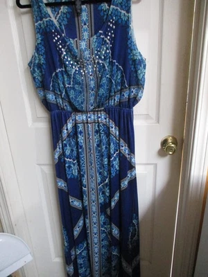 Style & Co Shades of Blue Black Paisley Knit Maxi Dress Sleeveless Studs-L Tall - Image 1 of 4