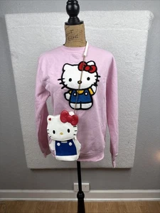 Hello Kitty SANRIO Pink Sweatshirt Chenille Kitty Patch Fleece Small + Purse - Picture 1 of 24