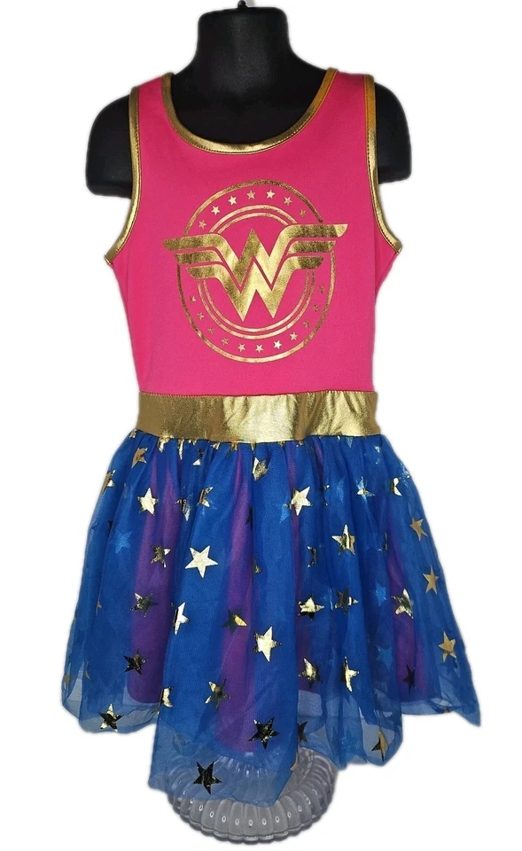 MUJER MARAVILLA Vestir DISFRAZ DE Halloween Rosa Lentejuelas Top Falda Azul Niño 6-6X Foto 1 de 4