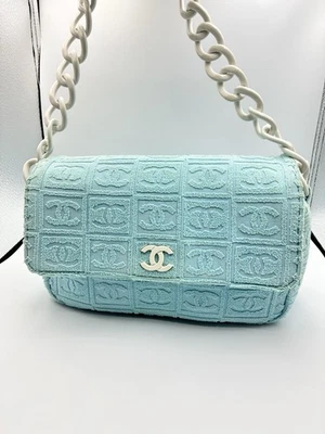 Bolso de Hombro Chanel Vintage Azul Claro Terrycloth Cartera Plástico Cadena Correa Foto 1 de 4